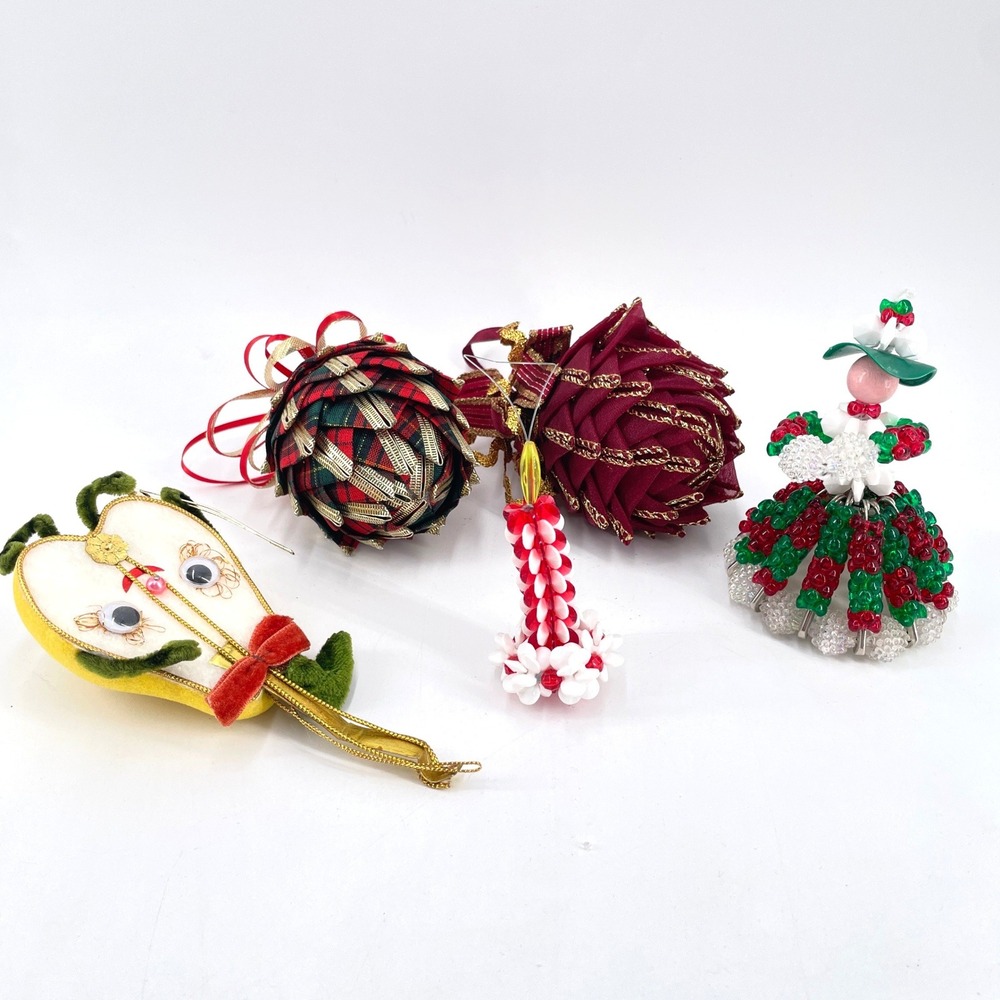 Handmade Vintage Christmas Ornaments Kitschy Safety Pins Beaded Set 5 fabric 5pc